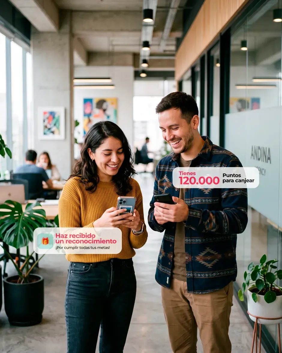 Dos colaboradores revisando la app de Apprecio en una oficina moderna, con un reconocimiento recibido y el saldo de puntos