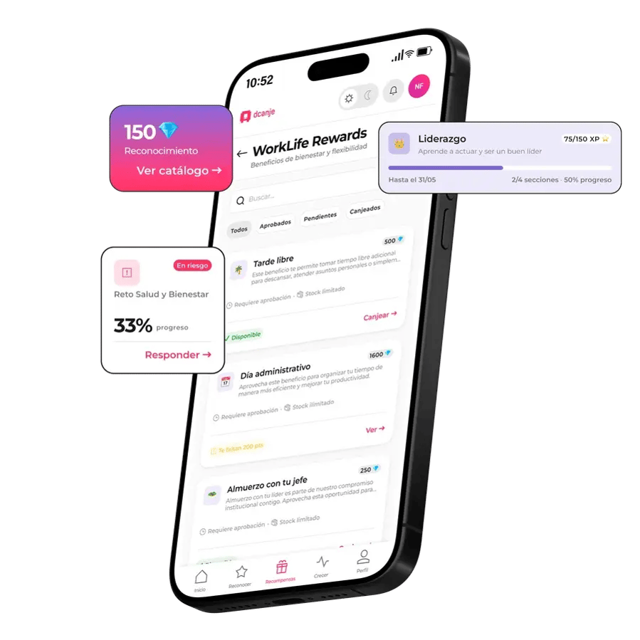 App de Apprecio Beat mostrando WorkLife Rewards, retos de bienestar y rutas de aprendizaje
