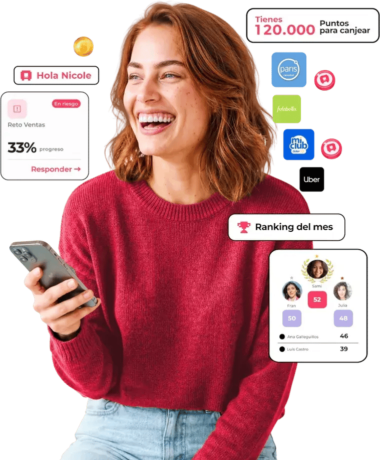 Colaboradora usando Apprecio: puntos para canjear, reto de vida saludable y reconocimiento recibido