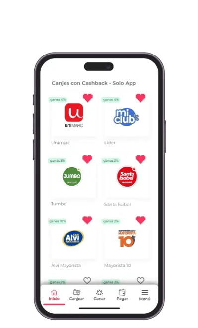 Catálogo de marcas chilenas dentro de la app para elegir dónde canjear